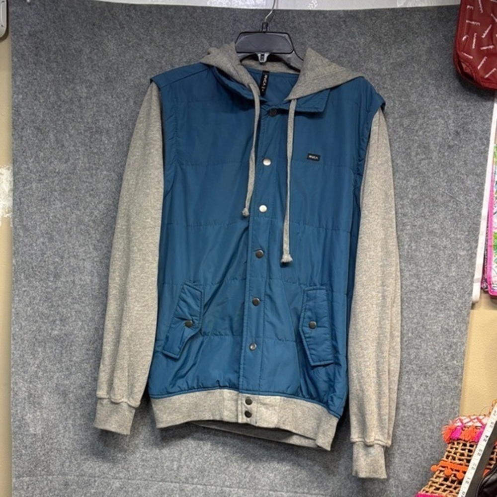 RVCA Blue and Gray Hooded Puffer vest layered look Jacket coat S